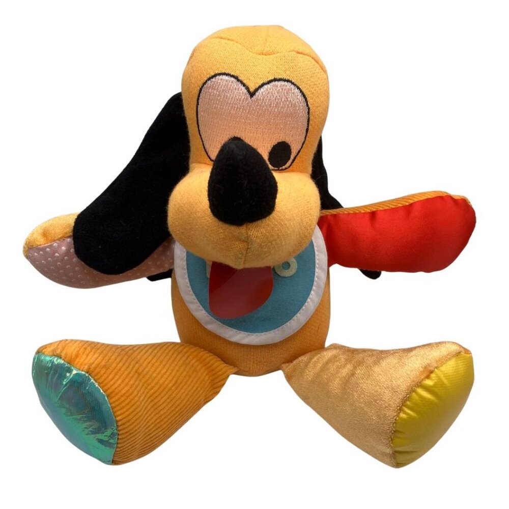 VTG 90s Disney Pluto Plush Dog – 10" Colorful Sensory Style – Velcro Strap
